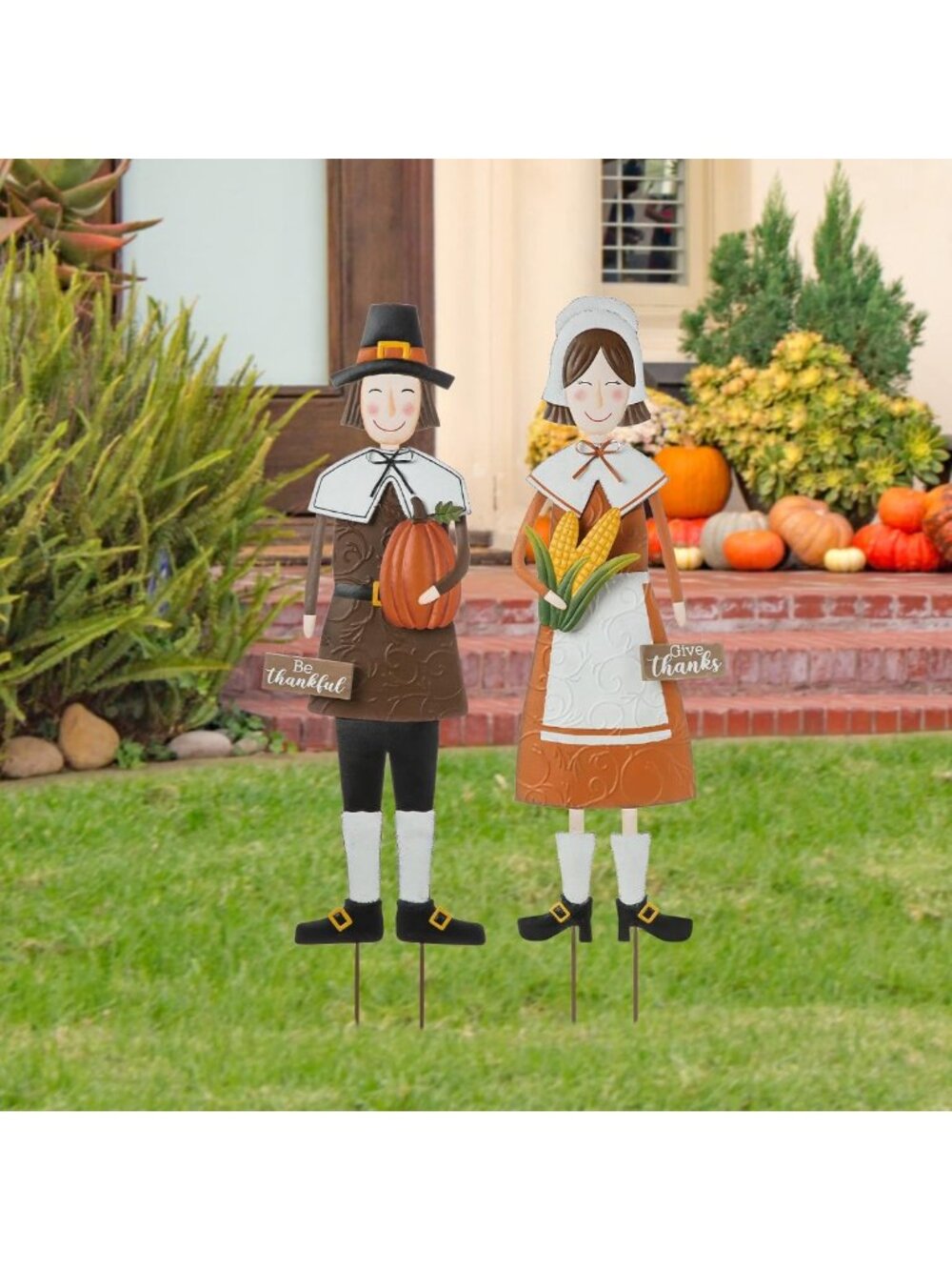 Set of 2 Metal Thanksgiving Pilgrim Boy Girl Yard Signs - Fall Outdoor Decor